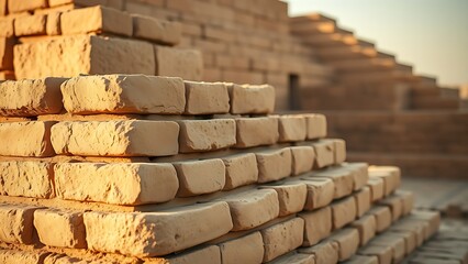 ziggurat. Ancient Mesopotamian mud-brick ziggurat structure, weathered surface in warm desert light. real-estate listings.
