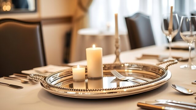 unanimity. Polished silver tray on a formal dining table reflecting fine cutlery and candlelight in soft ambient lighting. lifestyle magazines.