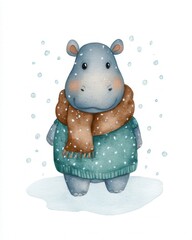 Cute hippo in winter sweater snowy landscape digital illustration whimsical environment adorable concept