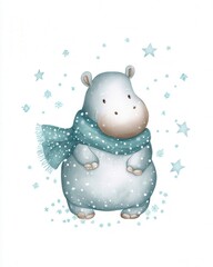 Cute hippo in a scarf winter wonderland illustration playful digital art whimsical scene