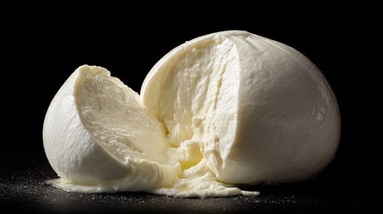 Close up shot of a burrata cheese ball with a cut and creamy interior on a black background