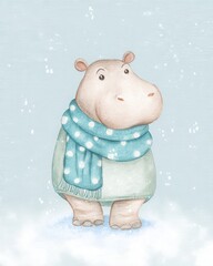 Cute hippo in winter scarf snowy landscape illustration whimsical adorable concept