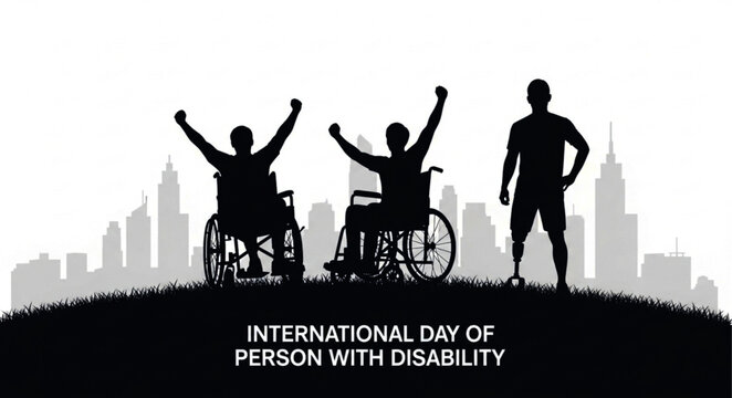 Silhouetted Figures in Wheelchairs with Raised Arms Celebrating International Day of Persons with Disabilities