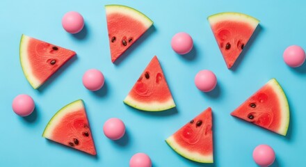 Slices of fresh watermelon with pink gumballs on a bright blue background