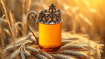 flagon. Honey-colored liquid in an ornate flagon surrounded by wheat stalks. bar promotions, beverage menus, designed for food & beverage menus and cafe branding, enhances appetite appeal.