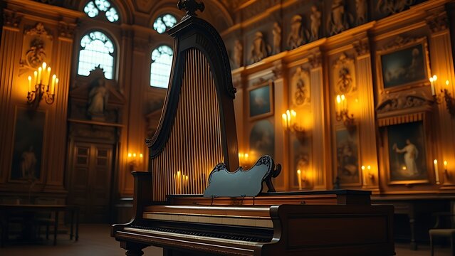 tenet. A historical palace music hall with an ancient harpsichord softly lit by candlelight, ornate details in warm golden tones. real-estate listings.