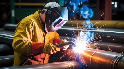 Skilled welder in protective gear meticulously joining metal pipes with bright sparks and intense blue flame