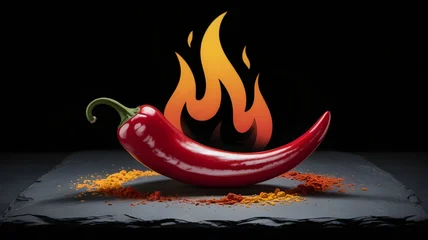 Canvas schilderij Hete pepers Vibrant red chili pepper ignited by fiery flames on a dark background  © Adobe 2.0