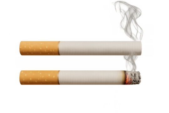Unlit and lit cigarette with smoke against a transparent background representing addiction and health risks - Powered by Adobe