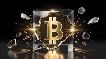 Golden bitcoin symbol shattering through a crystal cube with explosive light effects