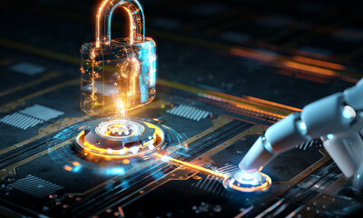 Robotic hand touching digital button activating holographic glowing padlock for cybersecurity and ai concept. 3D rendering. Generative Ai padlock