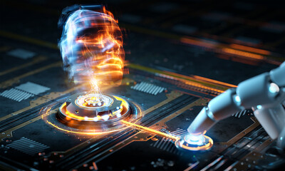 Robotic hand activating digital button with holographic interface showing ai robot face. Artificial intelligence and future tech concept. 3D rendering. Generative Ai head