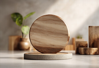 Blank circular wood trophy Mockup. Generative ai