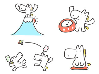 正月を楽しむ白馬のセット　富士山　初日の出　達磨　羽根つき　挨拶