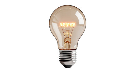 Classic glowing light bulb with clear glass and visible filament isolated on white background for energy and illumination concept