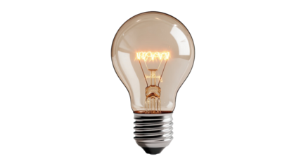 Classic glowing light bulb with clear glass and visible filament isolated on white background for energy and illumination concept