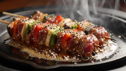 Sizzling skewers on a grill, savory aroma fills the air, perfect for summer barbecues and festive gatherings