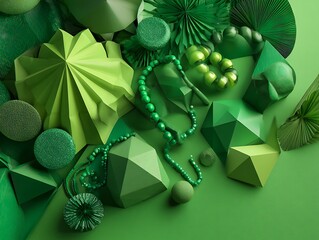 Flatlay of matte accessories on green 3D geometric paper sculpture