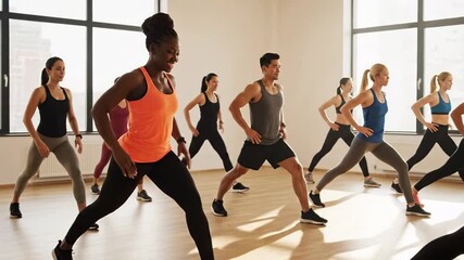 Diverse group in active workout, dynamic energy in fitness class, community spirit in modern gym setting, New Year's resolution - Powered by Adobe