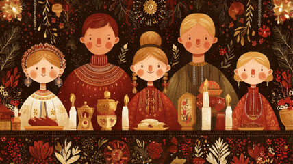 Traditional Orthodox Christmas family feast illustration with ornate Slavic embroidery patterns and warm candlelit winter holiday atmosphere for seasonal presentations.