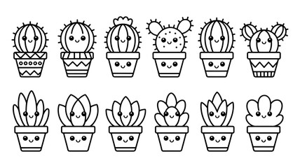 Cute kawaii black and white line art collection of various potted cacti and succulent plants with smiling faces, perfect for children's designs and decorative elements.