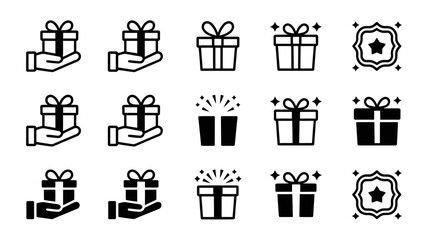 Outline and solid filled gift icons, featuring hands presenting boxes, festive packages, and celebratory star badges, perfect for rewards, bonuses and promo