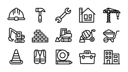 Construction tools and equipment line art icons set for building and renovation projects, showcasing essential industry symbols for various trades
