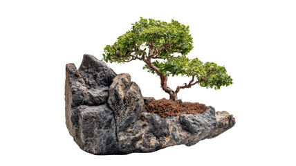  Resilient tree growing from rugged rocky surface with exposed roots and green foliage isolated on white background