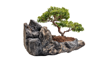  Resilient tree growing from rugged rocky surface with exposed roots and green foliage isolated on white background