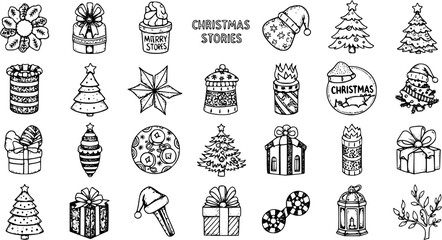 Fototapeta premium Hand-Drawn Christmas Doodle Set. Festive Holiday Icons Collection: Trees, Gifts, Ornaments, Santa Hat, Mitten, Lantern, and Winter Elements. Perfect for Seasonal Design Projects.