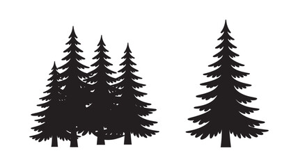 Obraz premium Pine tree silhouettes set with various conifer forest shapes and a standalone evergreen fir graphic, for nature-themed designs and projects