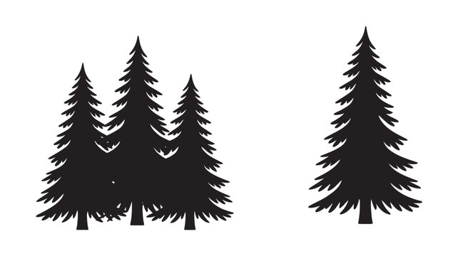 Collection of stylized fir tree silhouettes, including a cluster of three and a single evergreen, perfect for nature, holiday, and forest designs, isolated.