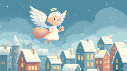 Charming Christmas angel flying above snowy village rooftops on a magical winter night, bringing festive joy in a whimsical children’s holiday scene.
