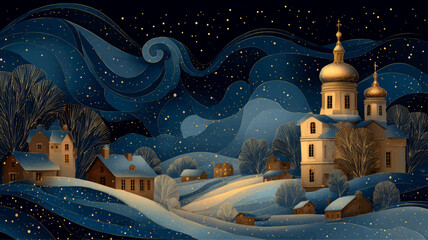 Peaceful Orthodox Christmas night village with glowing golden domes and swirling starry winter sky, creating an enchanting festive spiritual atmosphere for seasonal presentations.