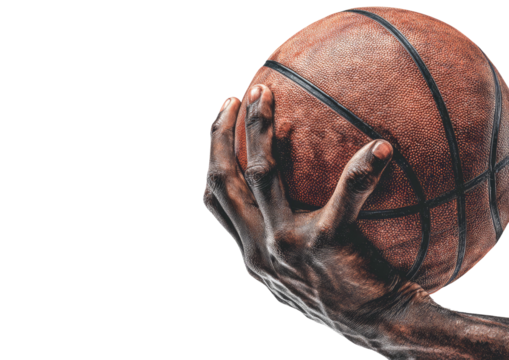 Gripping hand holds textured basketball against black field