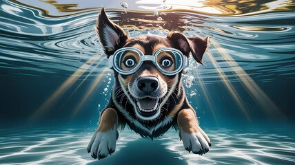 Happy dog wearing goggles swimming underwater in clear blue water with sunlight rays