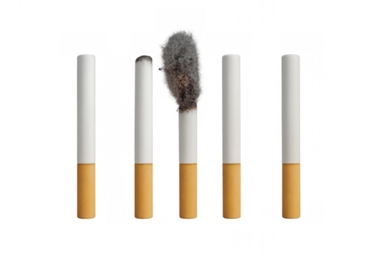 Smoking addiction progression showing one burning cigarette among unlit cigarettes, representing health risks