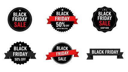 Black Friday sale badges and banners with discounts and shop now offers, perfect for retail promotions and marketing campaigns