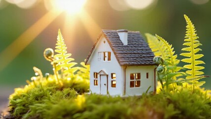 Miniature White House Model Surrounded by Moss and Ferns with Sun Rays home tiny - Powered by Adobe