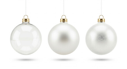 Three elegant oval shaped white christmas ornaments with gold caps hanging and isolated on white background