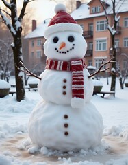Obraz premium 3d render of a cute snowman with hat and scarf snowman christmas holiday decoration winter season cute snow
