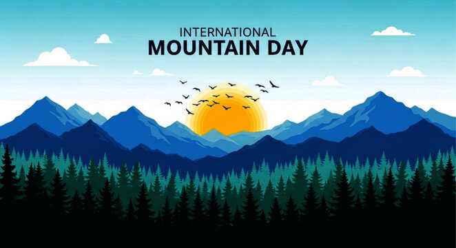 Pixelated Mountain Landscape with Rising Sun and Birds for International Mountain Day