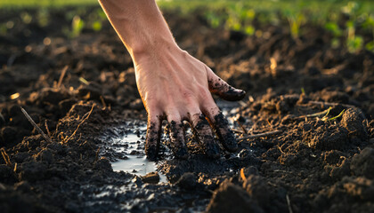 Hand pressing into wet soil – regenerative farming