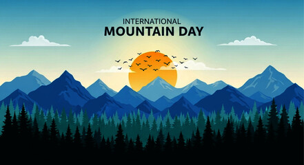 Pixelated Mountain Landscape with Rising Sun and Silhouetted Birds for International Mountain Day
