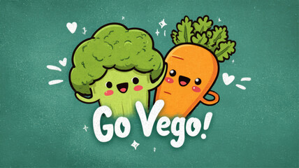 Cheerful Vegan-Themed Vector Illustration of Cute Broccoli and Carrot Characters Holding Go-Veg Signs to Promote Veganuary Awareness.