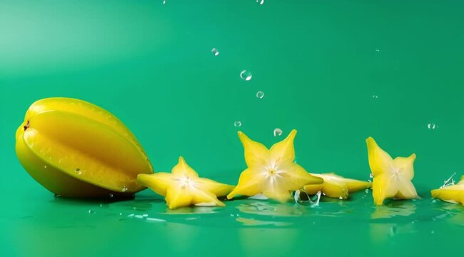 Fresh star fruit and sliced carambola with water splashes on a vibrant green background.