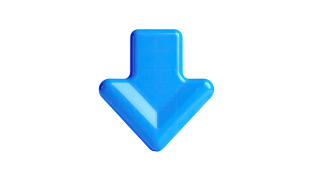 Glossy blue down arrow icon on black background