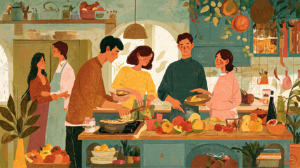 Warm and Colorful Vegan Cooking Illustration Featuring Three Friends Preparing Fresh Plant-Based Meals Together for Inspiring Veganuary Promotion.