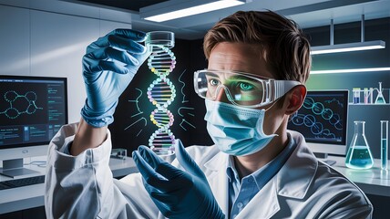 Scientist in a laboratory examines a glowing dna helix model with advanced technology