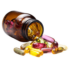 Bottle of colorful health vitamin supplements spilling out